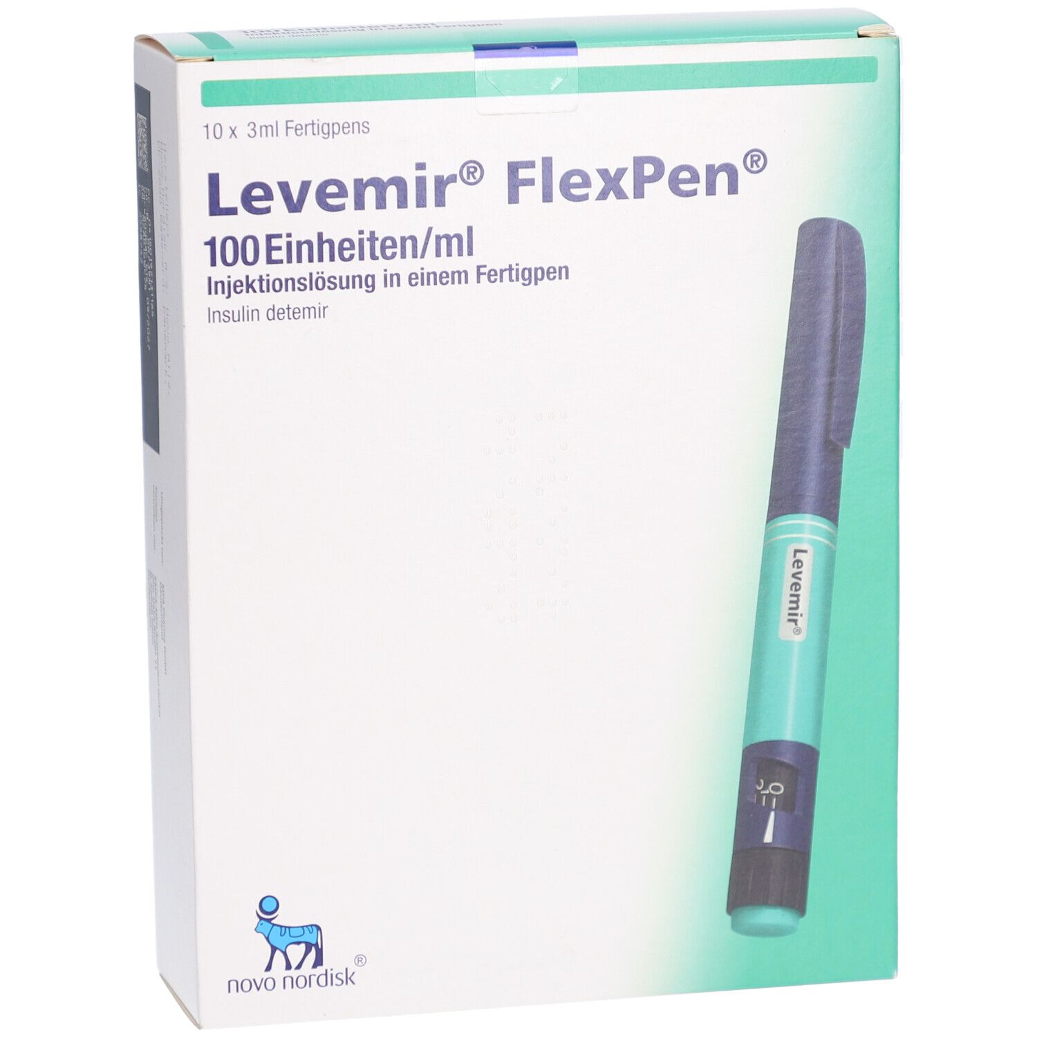 Levemir FlexPen-Packung mit Pen. Aufdrucke: 100 Einheiten/ml. Pen in blau-grüner Farbe. Novo Nordisk Logo.