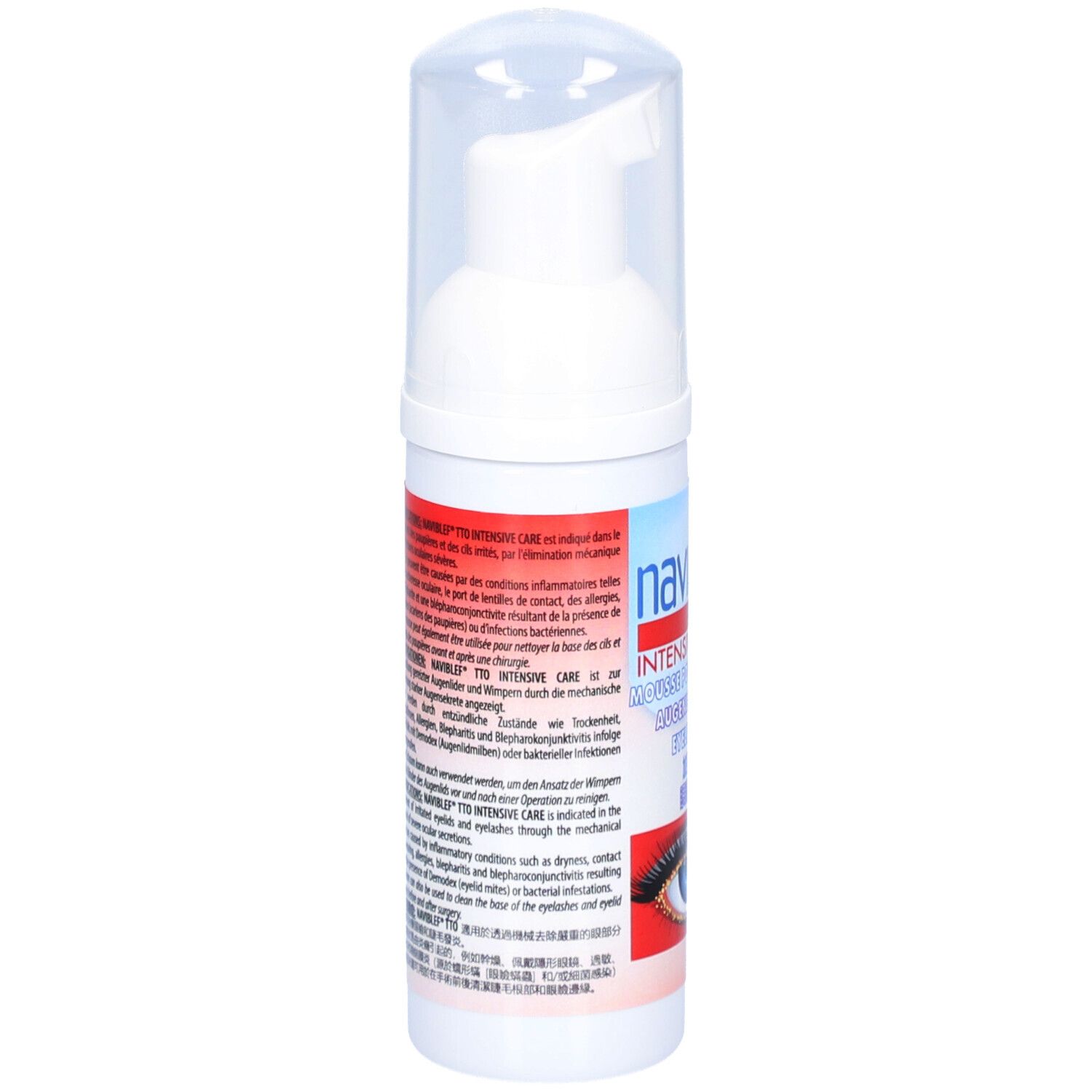 Weiße Pumpsprühflasche mit transparentem Deckel, Aufkleber mit Text und Augenabbildung.