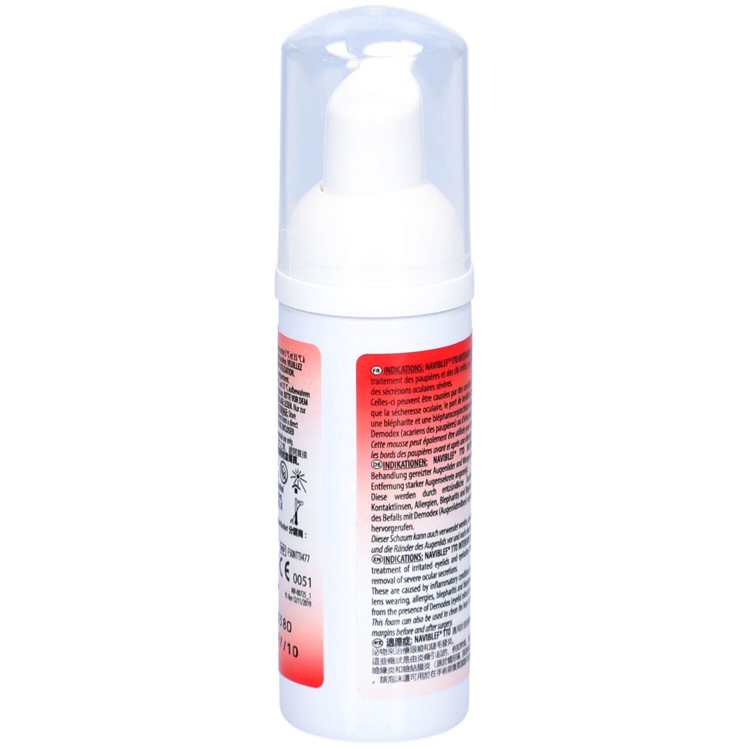 Weiße Schaumspenderflasche mit rotem Etikett und transparentem Deckel. CE 0051 Kennzeichnung sichtbar.