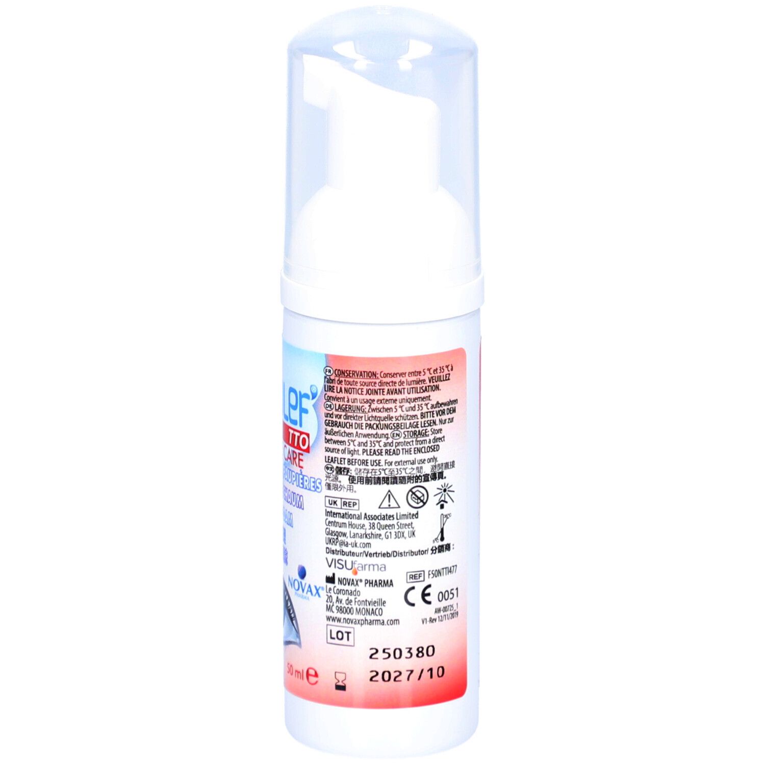 Flasche mit Pumpspender und transparenter Kappe. Enthält 50 ml. Beschriftung mit Produktinformationen und CE-Zeichen.