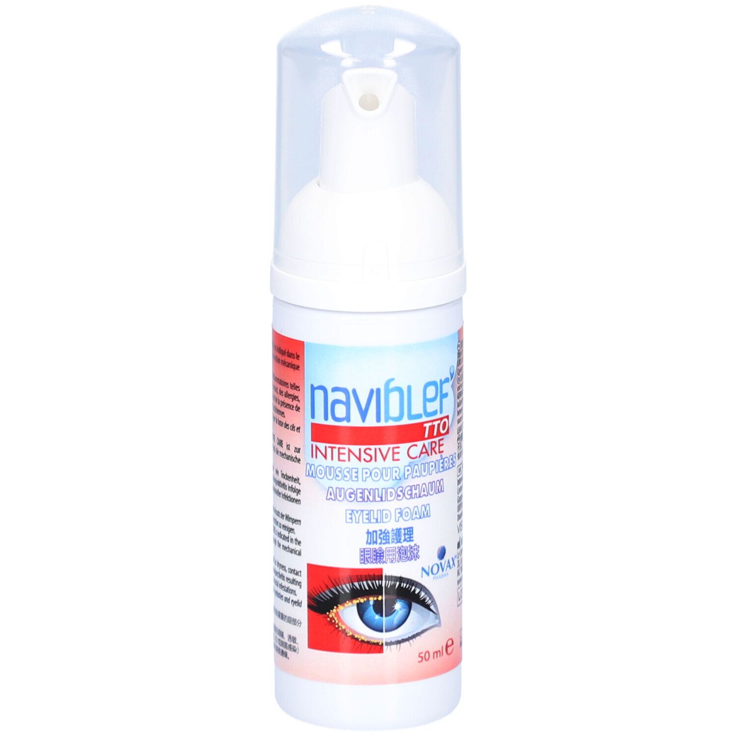 Weiße Schaumspenderflasche mit blau-rotem Etikett, 50ml. Zeigt ein Auge mit Wimpern.