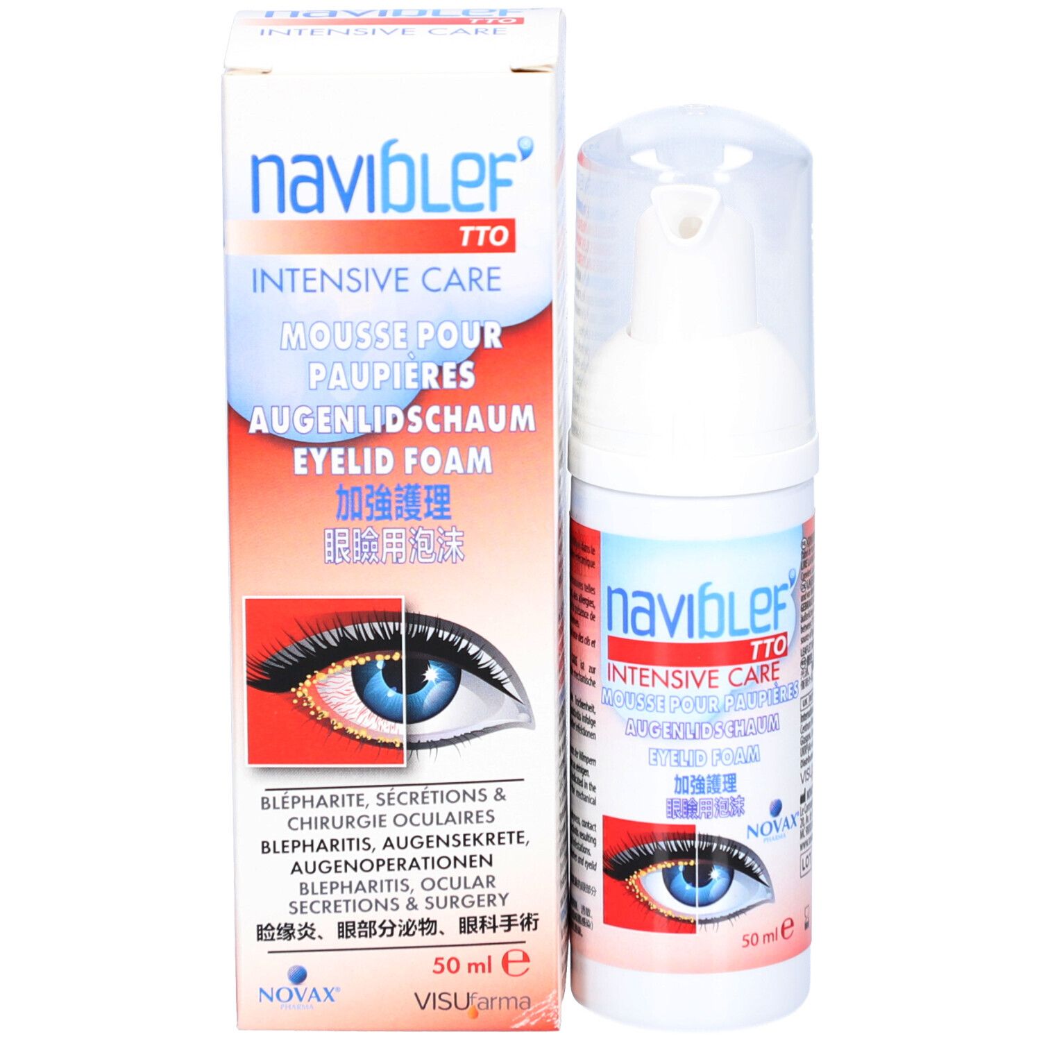 Naviblef TTO Intensive Care Augenlidsschaum in Verpackung und Spenderflasche, 50 ml.
