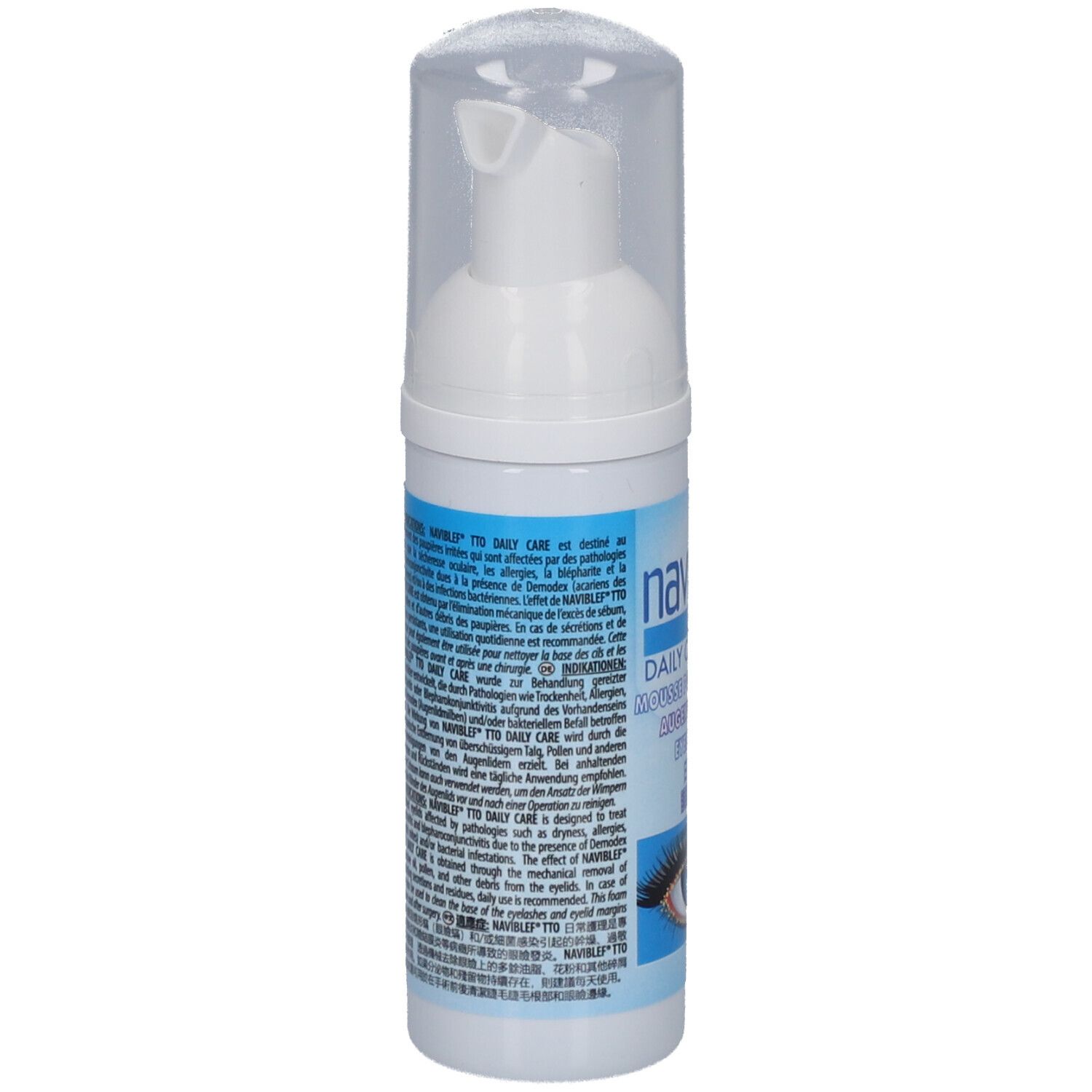 Weiße Flasche mit Pumpverschluss. Aufschrift: naviblef TTO DAILY CARE. Text in mehreren Sprachen. Rückseite mit Text.