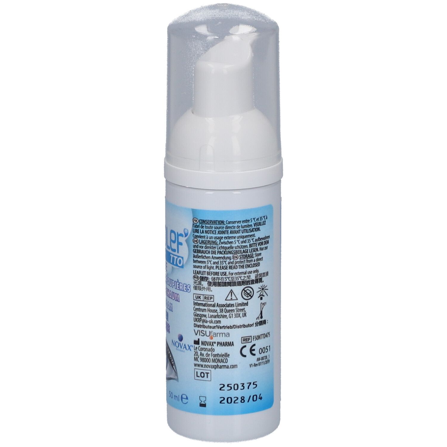 Weiße Flasche mit Pumpverschluss. Aufschrift: naviblef TTO. Rückseite mit Text, Symbolen und Chargennummer. CE-Kennzeichnung.