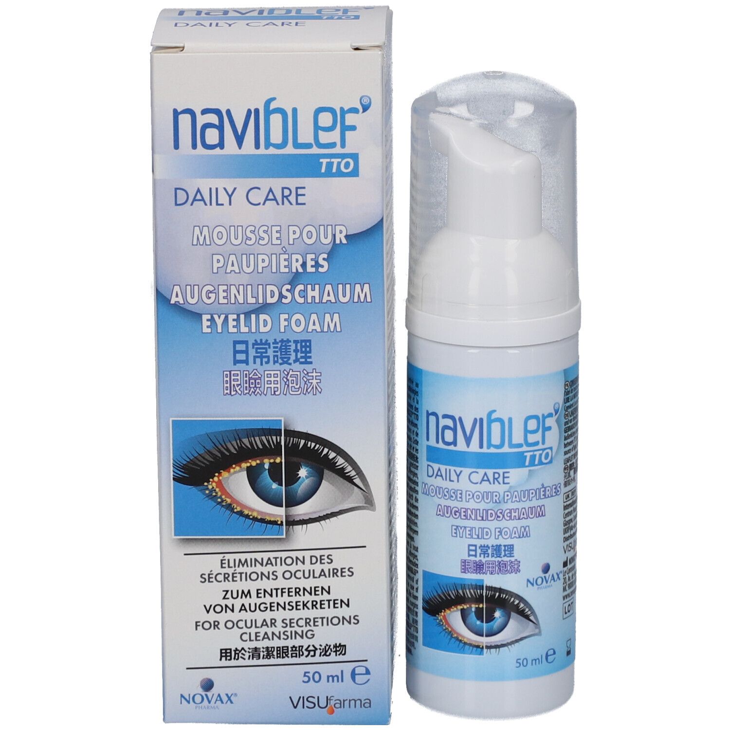 Produkt und Verpackung. Weiße Flasche mit Pumpverschluss und Karton. Aufschrift: naviblef TTO DAILY CARE. Augen-Illustration.