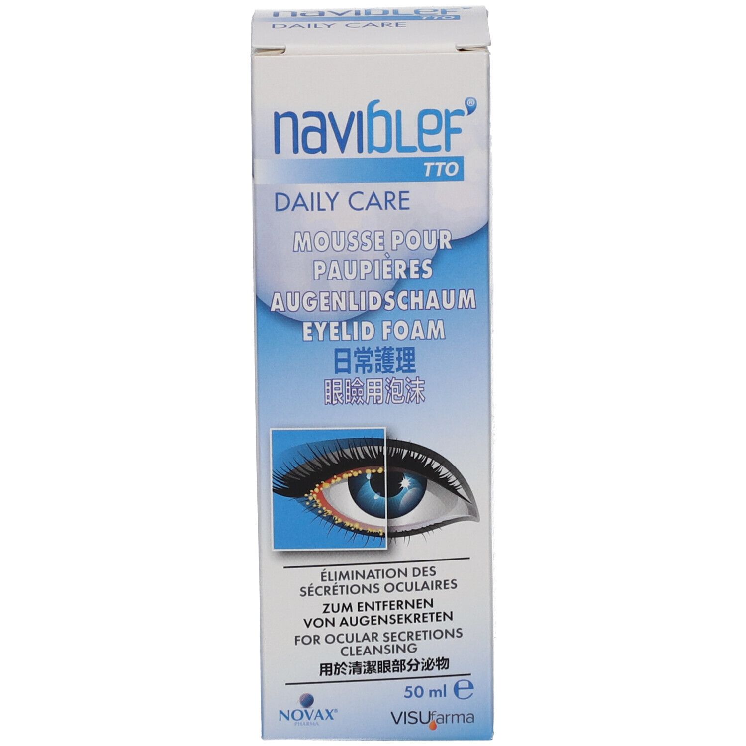 Kartonverpackung. Aufschrift: naviblef TTO DAILY CARE. Enthält Augenlidschaum. Mit Augen-Illustration. Text in mehreren Sprachen.