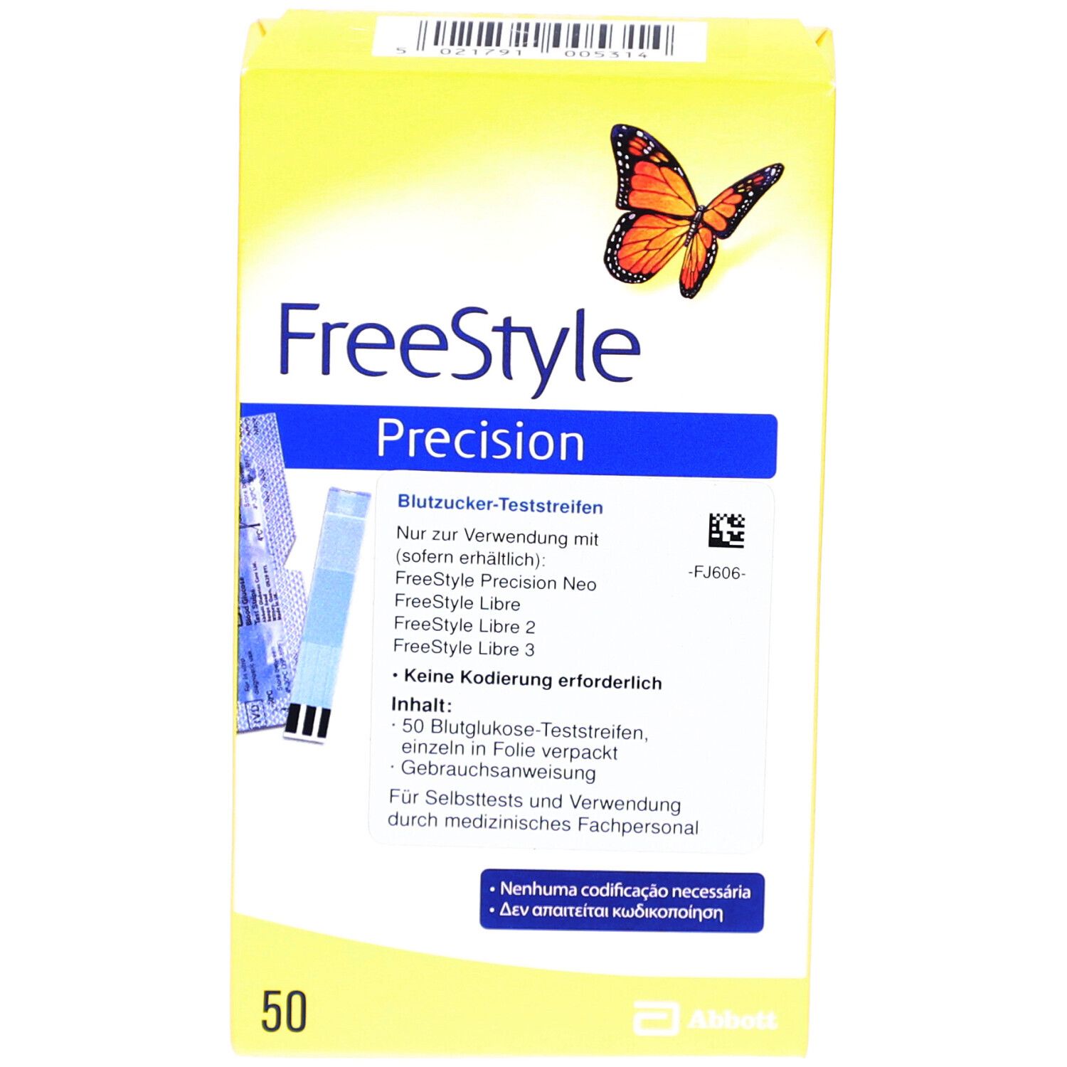 Gelbe Schachtel mit FreeStyle Precision Blutzucker-Teststreifen. Enthält 50 Teststreifen. Mit Schmetterling-Logo.