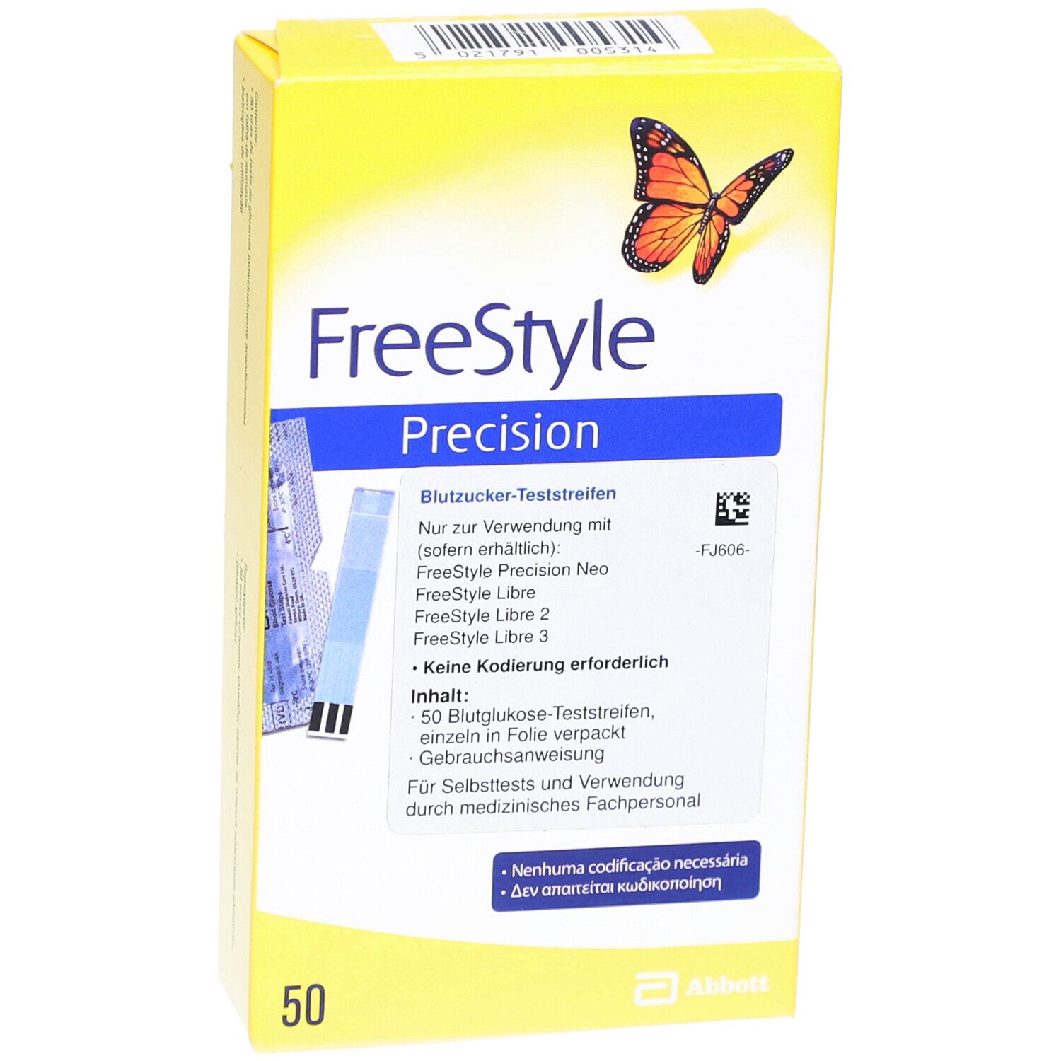 Gelbe Schachtel mit FreeStyle Precision Blutzucker-Teststreifen. Enthält 50 Teststreifen. Mit Schmetterling-Logo.