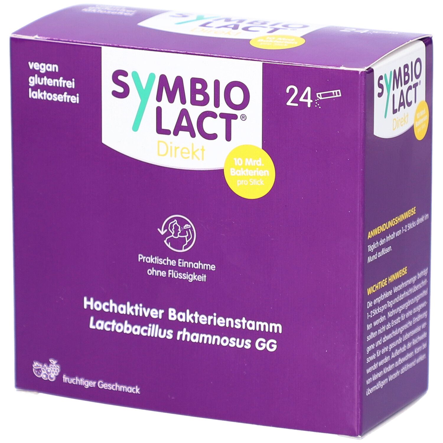 Lila Schachtel mit "SYMBIOLACT Direkt". Enthält 24 Sticks. Aufschrift: vegan, glutenfrei, laktosefrei. Gelbes Logo mit 10 Mrd. Bakterien pro Stick.