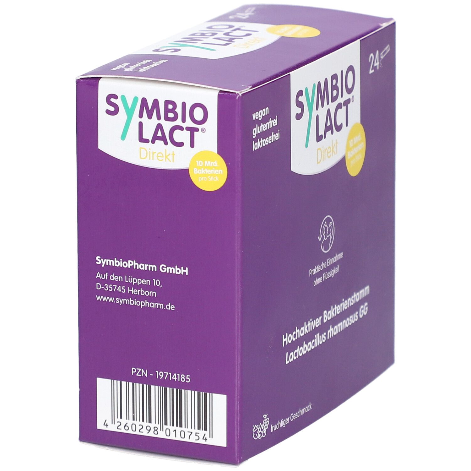 Lila Schachtel "SYMBIOLACT Direkt". Aufschrift: vegan, glutenfrei, laktosefrei. 24 Sticks. Rückseite mit Herstellerinformationen und Barcode.