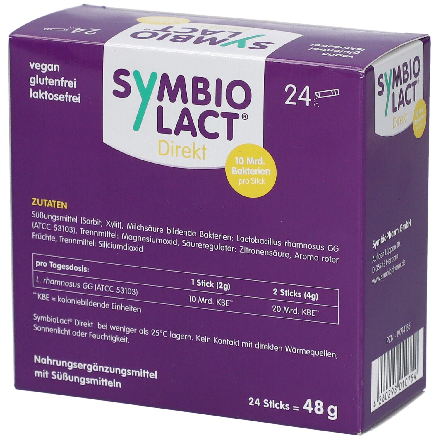 Lila Schachtel "SYMBIOLACT Direkt" mit 24 Sticks. Enthält Zutatenliste und Nährwertangaben. Aufschrift: vegan, glutenfrei, laktosefrei.