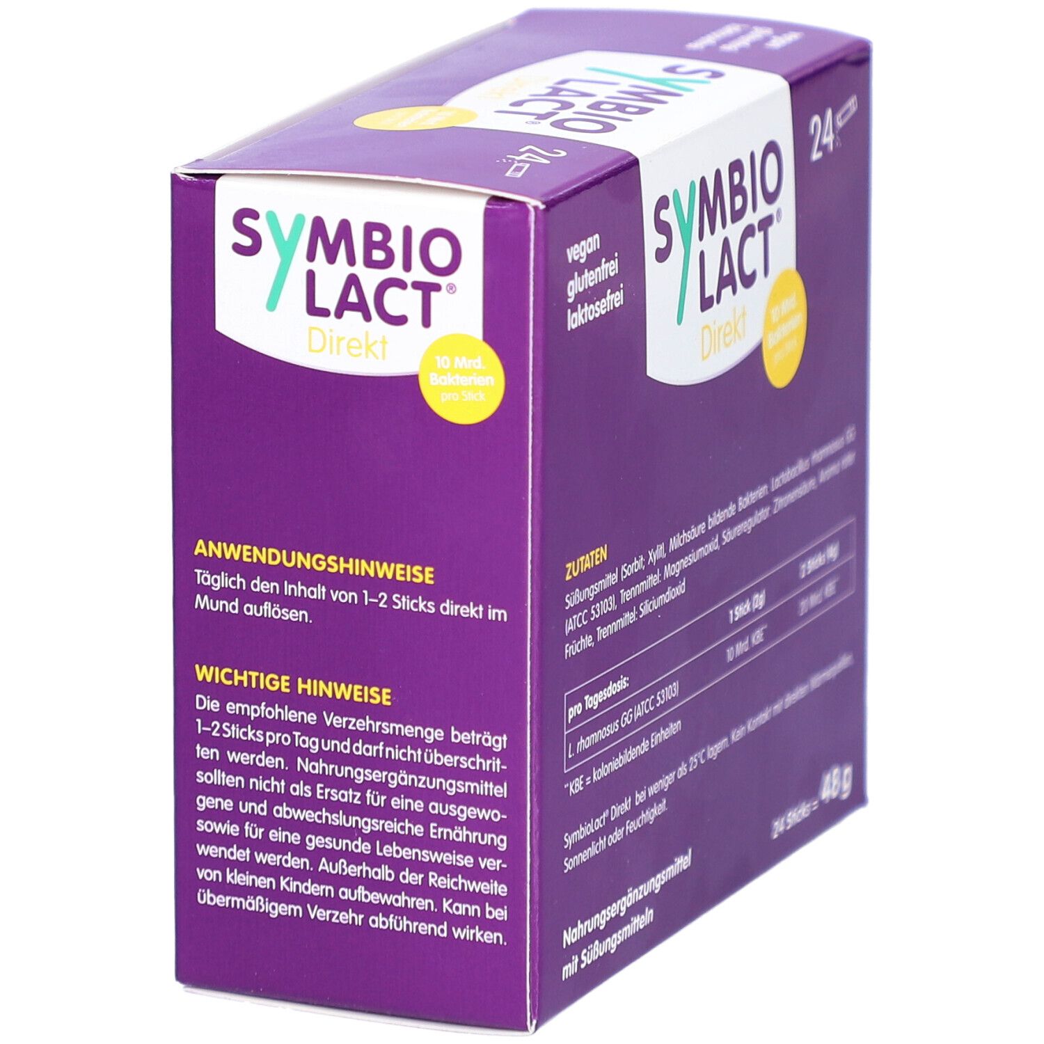 Lila Schachtel "SYMBIOLACT Direkt" mit 24 Sticks. Enthält Anwendungshinweise und wichtige Hinweise. Aufschrift: vegan, glutenfrei, laktosefrei.