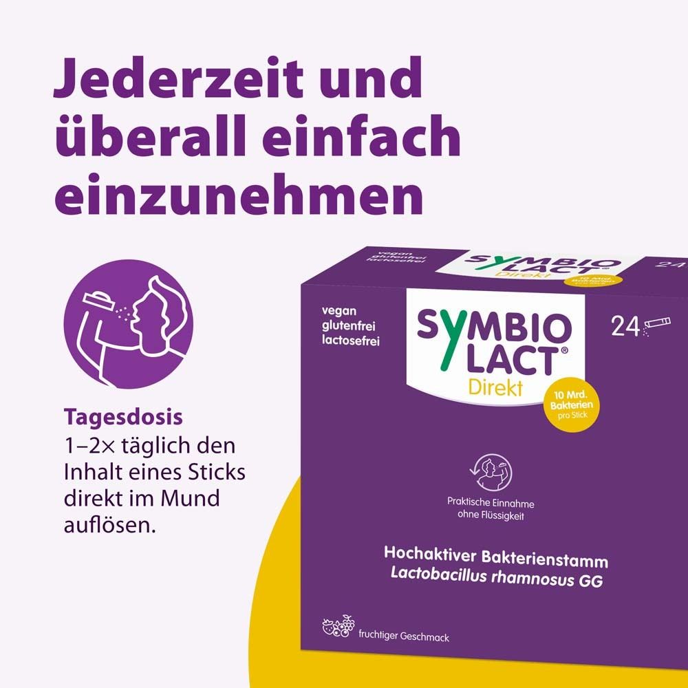 Lila Schachtel SymbioLact Direkt. Text: Jederzeit und überall einfach einzunehmen. 24 Sticks.