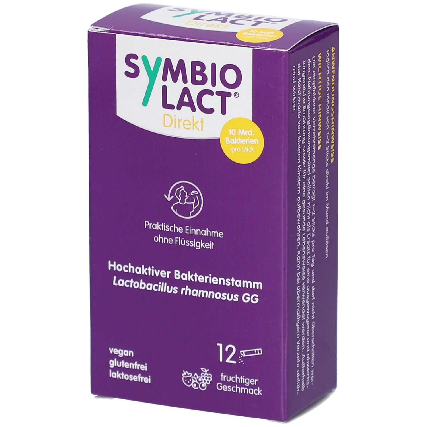 Lila Schachtel mit SYMBIOLACT Direkt. Enthält 12 Sticks. Vegan, glutenfrei, laktosefrei. Aufschrift: Hochaktiver Bakterienstamm.
