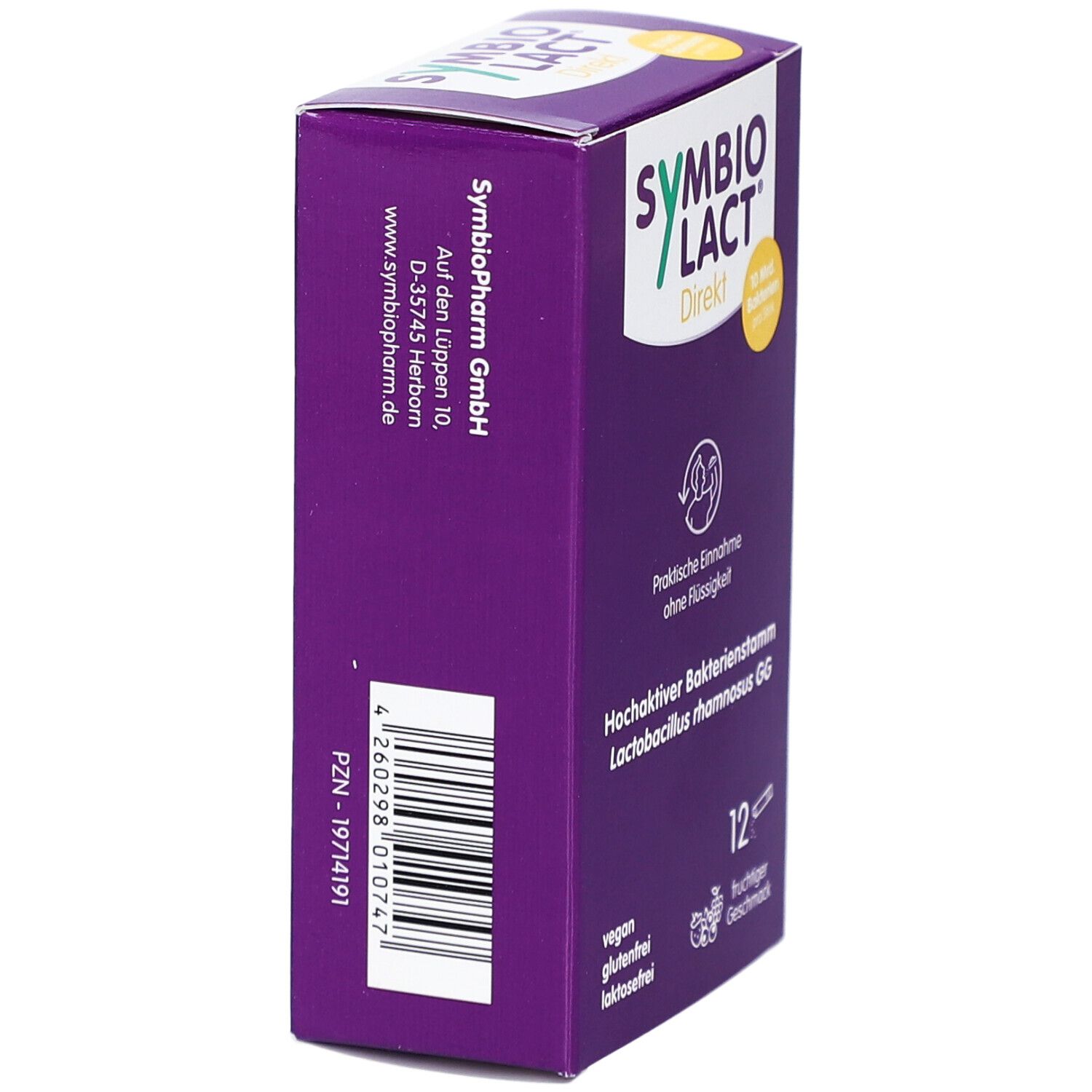 Seitenansicht der lila SYMBIOLACT Direkt Schachtel. Enthält Informationen zu Hersteller, Inhaltsstoffen und PZN-Nummer.