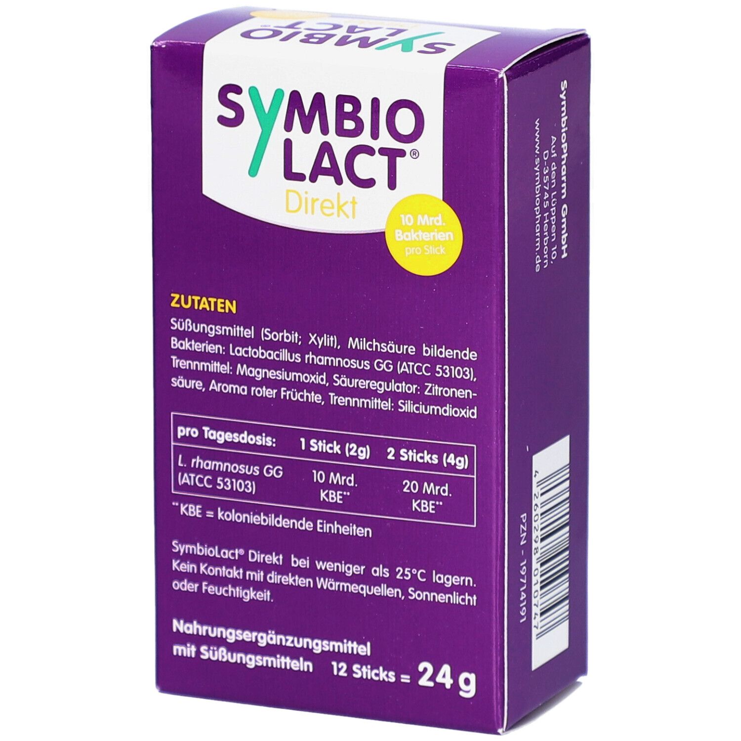 Rückseite der lila SYMBIOLACT Direkt Schachtel. Enthält Zutatenliste und Nährwertangaben. 12 Sticks = 24g.