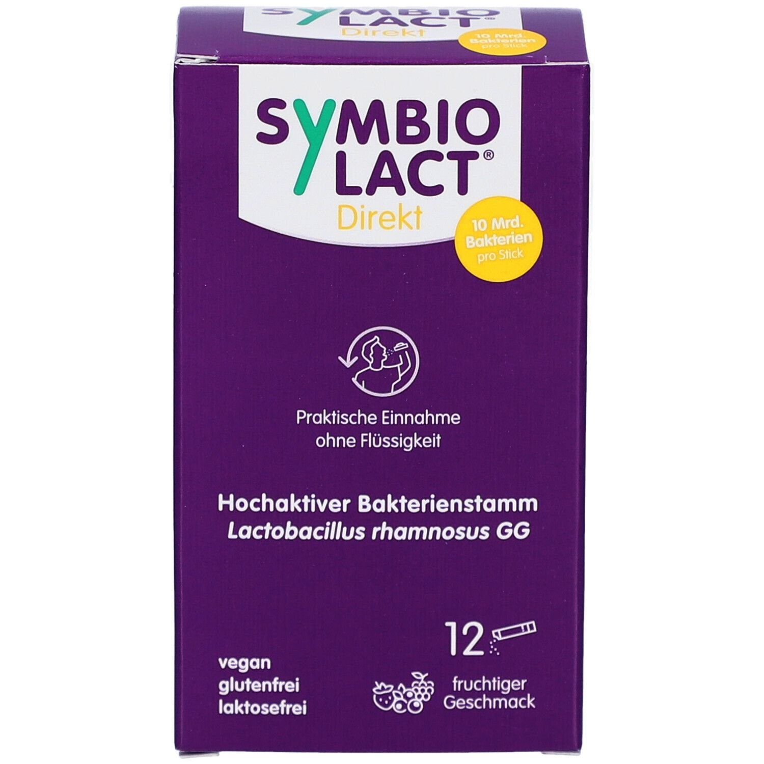 Lila Schachtel mit SYMBIOLACT Direkt. Enthält 12 Sticks. Vegan, glutenfrei, laktosefrei. Praktische Einnahme ohne Flüssigkeit.