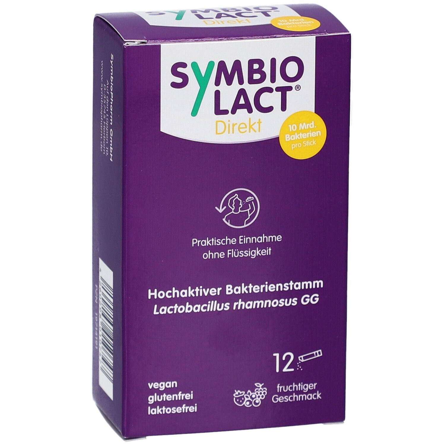 Lila Schachtel mit SYMBIOLACT Direkt. Enthält 12 Sticks. Vegan, glutenfrei, laktosefrei. Praktische Einnahme ohne Flüssigkeit.