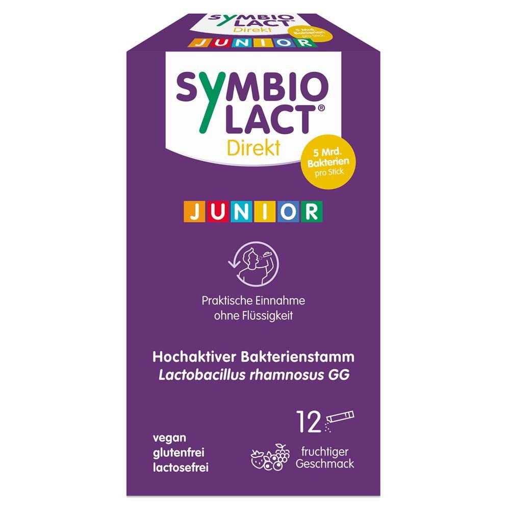 Lila Schachtel mit Produktinformationen. Enthält 12 Sticks. Enthält Lactobacillus rhamnosus GG. Glutenfrei, laktosefrei, fruchtiger Geschmack.