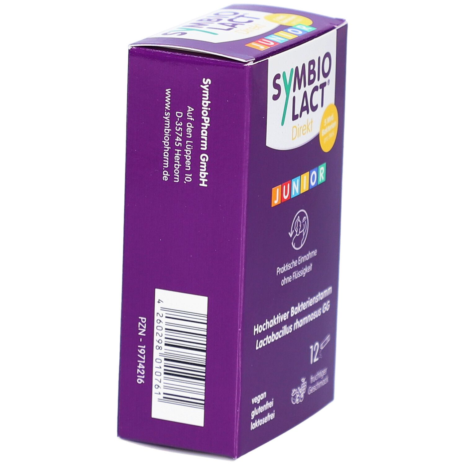 Lila Schachtel, SYMBIOLACT Direkt Junior. Seitenansicht mit Text und Logo. Herstelleradresse und PZN-Nummer.