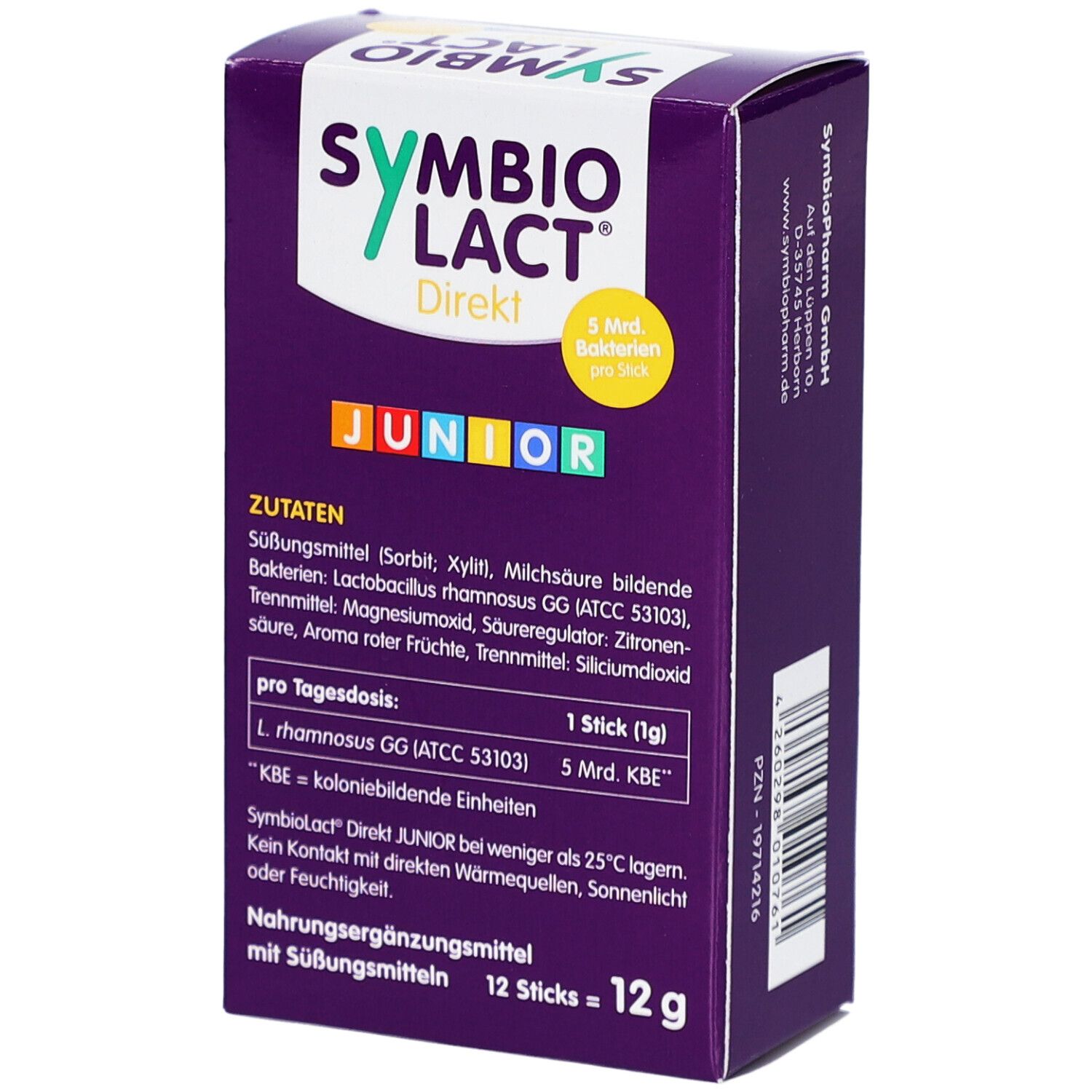 SYMBIOLACT Direkt Junior Schachtel. Zutatenliste, Dosierung, und wichtige Hinweise. 12 Sticks, 12g.