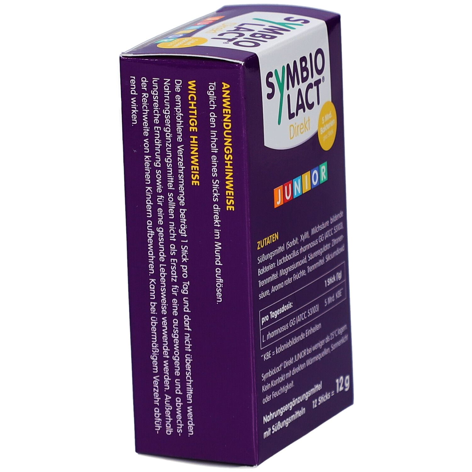 SYMBIOLACT Direkt Junior Schachtel. Wichtige Hinweise und Zutatenliste. 12 Sticks, 12g.
