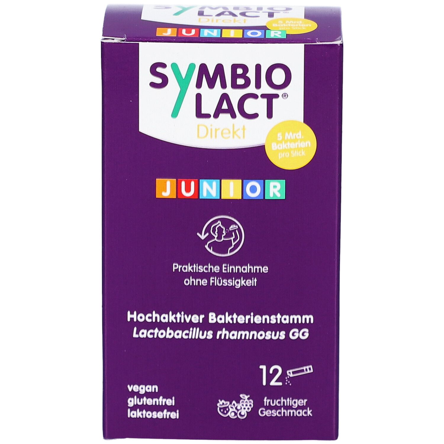 Lila Schachtel mit SYMBIOLACT Direkt Junior. 12 Sticks, fruchtiger Geschmack. Vegan, glutenfrei, laktosefrei.