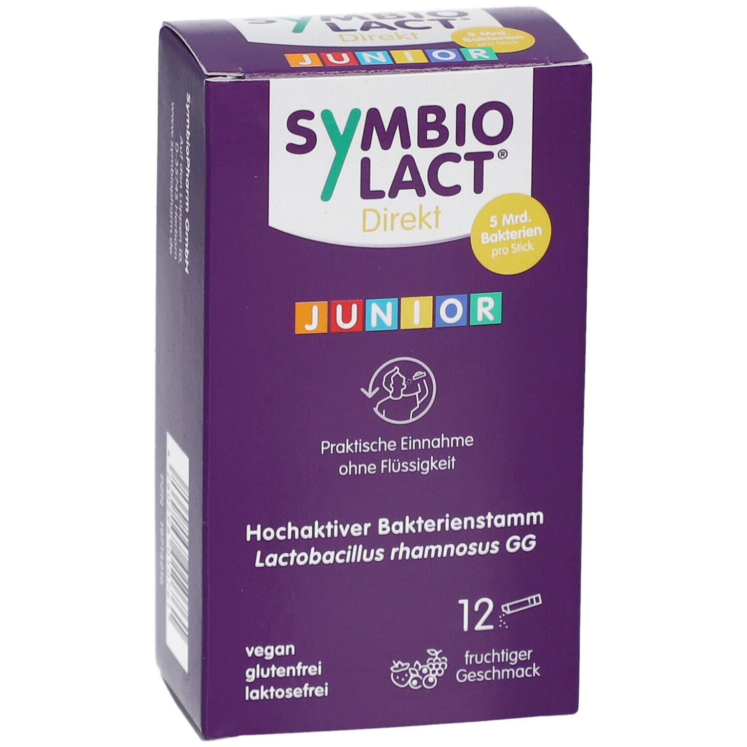 Lila Schachtel mit SYMBIOLACT Direkt Junior. 12 Sticks, fruchtiger Geschmack. Vegan, glutenfrei, laktosefrei.