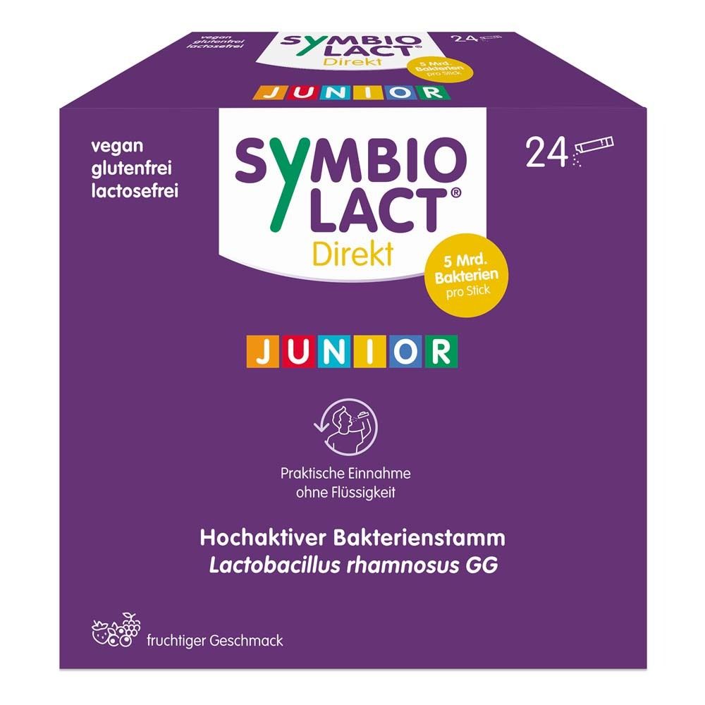 Lila Schachtel mit SymbioLact Direkt JUNIOR. 24 Sticks, vegan, glutenfrei, laktosefrei. Hochaktiver Bakterienstamm.