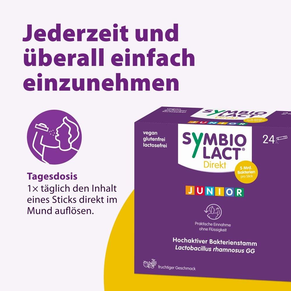 Schachtel SymbioLact Direkt JUNIOR. Text: Jederzeit und überall einfach einzunehmen. 24 Sticks. 5 Mrd. Bakterien.