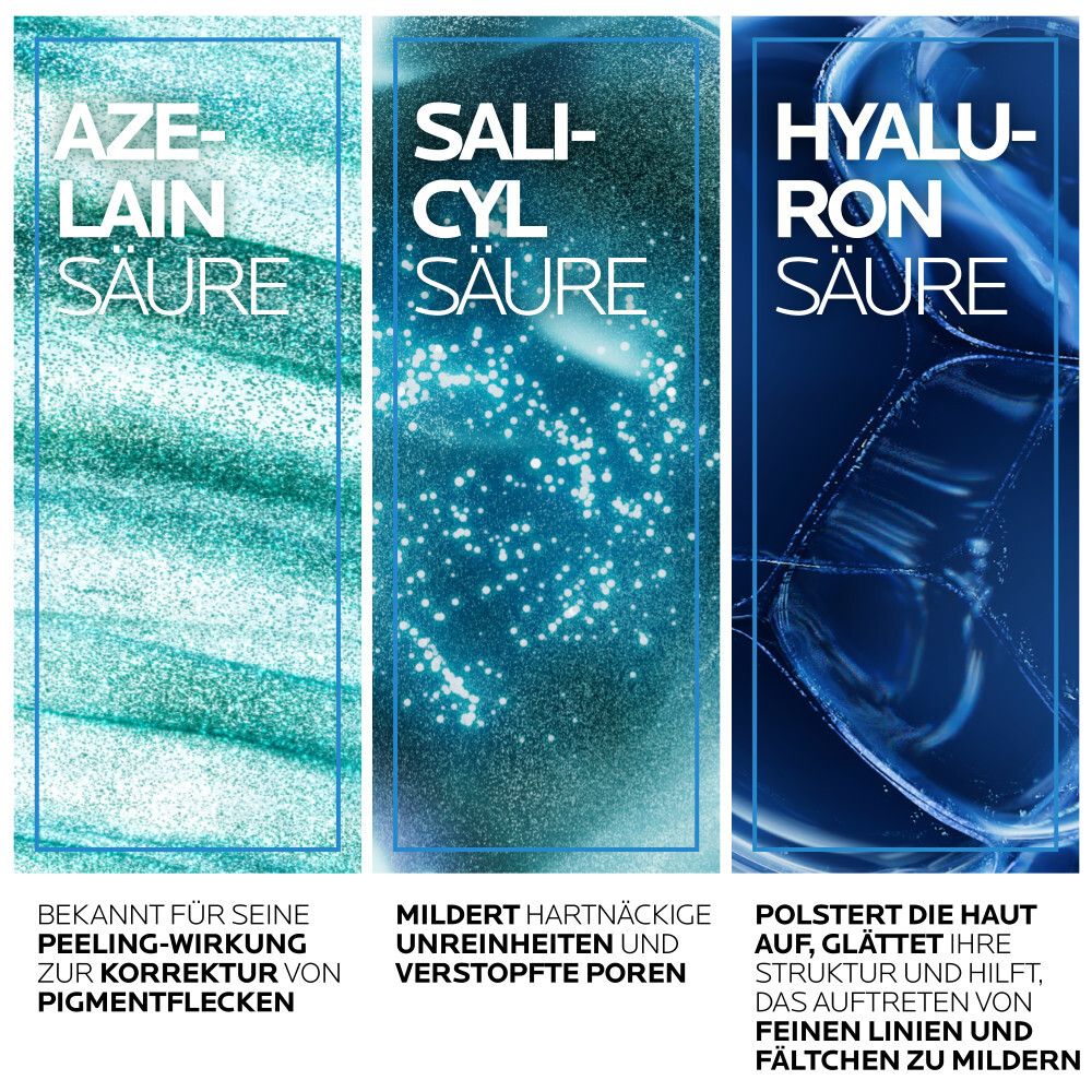Drei Textfelder: AZE-LAIN SÄURE, SALICYLSÄURE, HYALURONSÄURE. Beschreibungen der Inhaltsstoffe.
