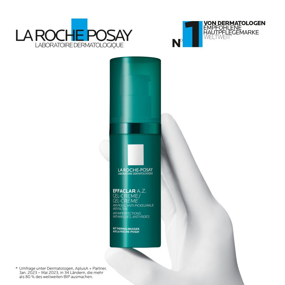 La Roche-Posay Effaclar A.Z. Gel-Creme in Hand. Text: Von Dermatologen empfohlen. Nr. 1 weltweit.