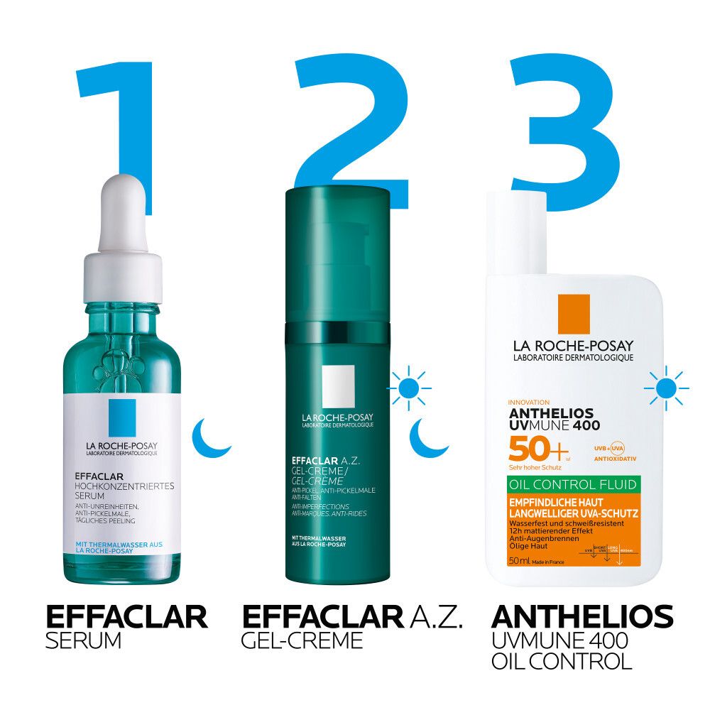Drei Produkte: Effaclar Serum, Effaclar A.Z. Gel-Creme, Anthelios UVMune 400 Oil Control. 