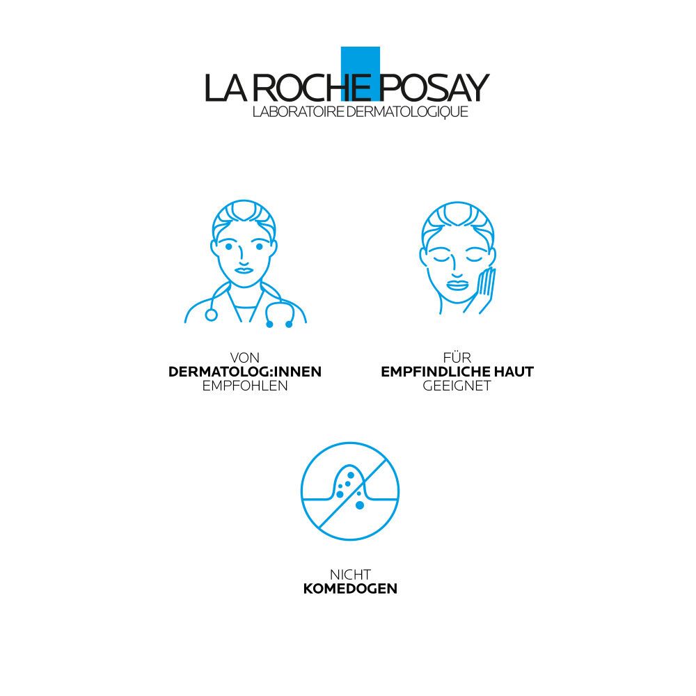 La Roche-Posay Logo. Text: Von Dermatolog:innen empfohlen. Für empfindliche Haut geeignet. Nicht komedogen.