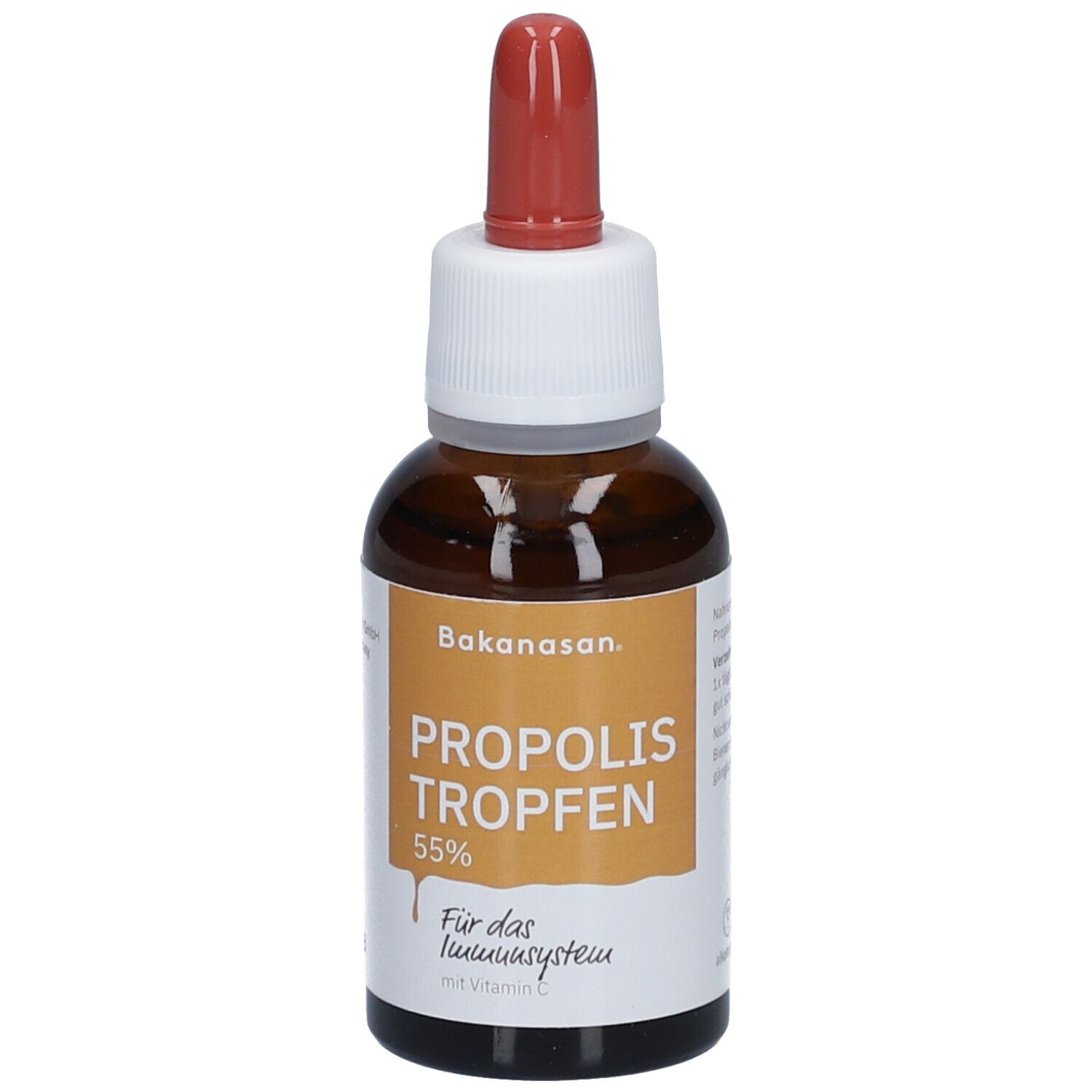 Braune Glasflasche mit Tropfer. Aufschrift: Propolis Tropfen 55%. Für das Immunsystem. Mit Vitamin C. Marke: Bakanasan.