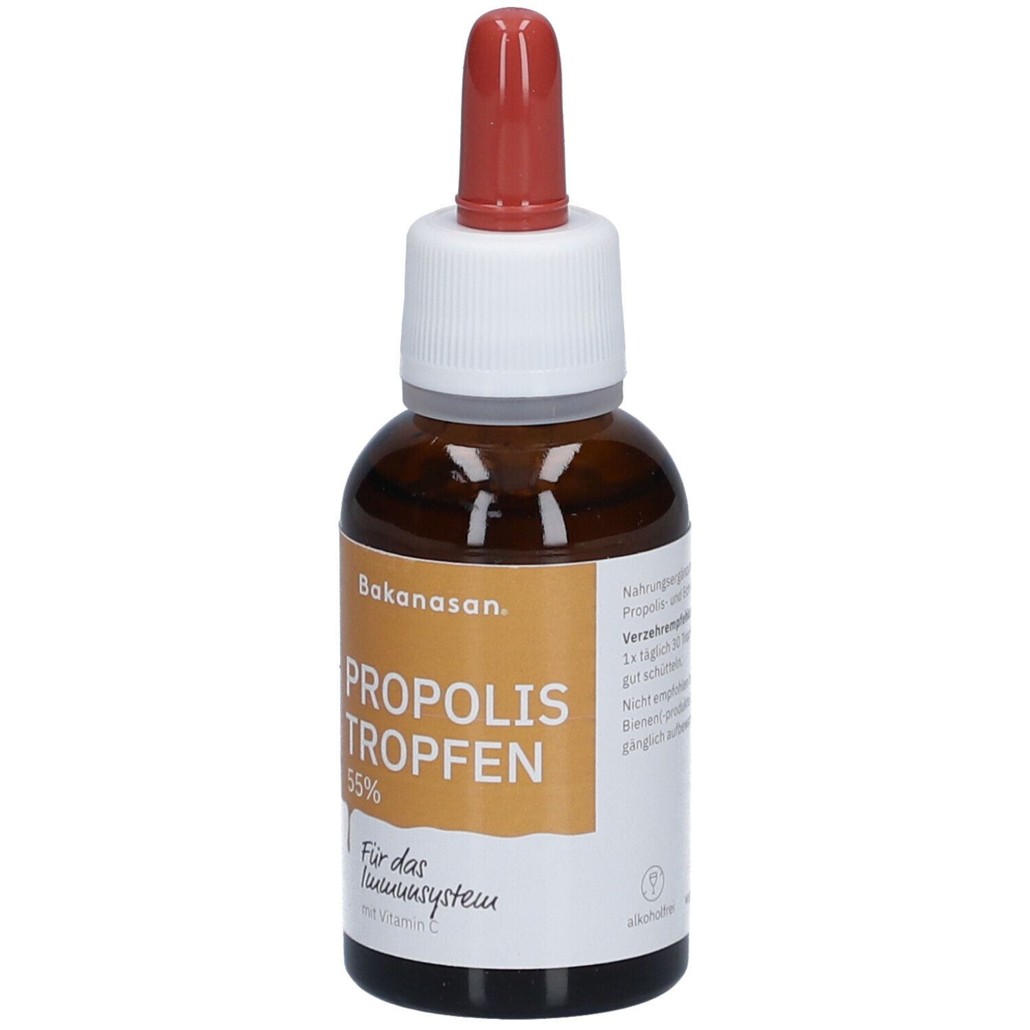 Braune Glasflasche mit Tropfer. Aufschrift: Propolis Tropfen 55%. Für das Immunsystem. Mit Vitamin C. Marke: Bakanasan.