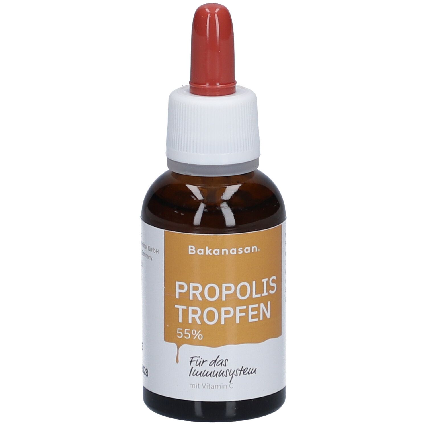 Braune Glasflasche mit Tropfer. Aufschrift: Propolis Tropfen 55%. Für das Immunsystem. Mit Vitamin C. Marke: Bakanasan.