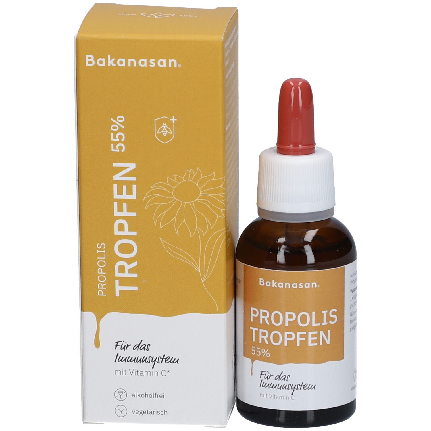 Produktflasche und Verpackung. Aufschrift: Propolis Tropfen 55%. Für das Immunsystem. Mit Vitamin C. Marke: Bakanasan.
