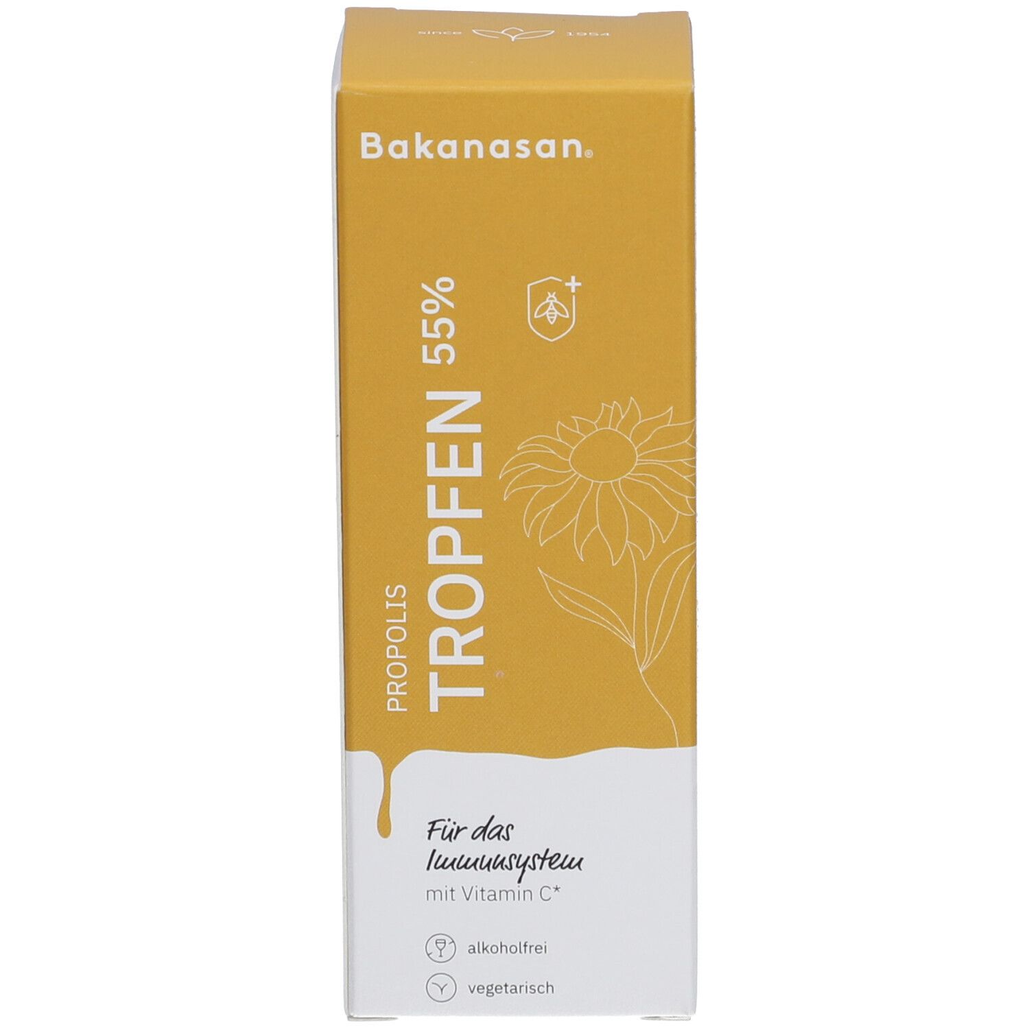 Produktverpackung. Aufschrift: Propolis Tropfen 55%. Für das Immunsystem. Mit Vitamin C. Marke: Bakanasan. Alkohol- und vegetarisch.