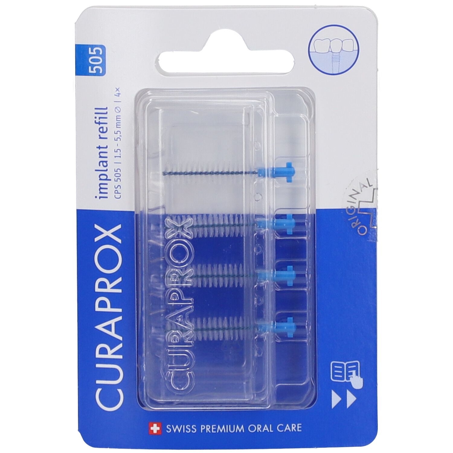 Blisterpackung mit blauen Curaprox CPS 505 Implant Refill Interdentalbürsten. 1,1-5,5 mm. Sichtbare Produktmerkmale.
