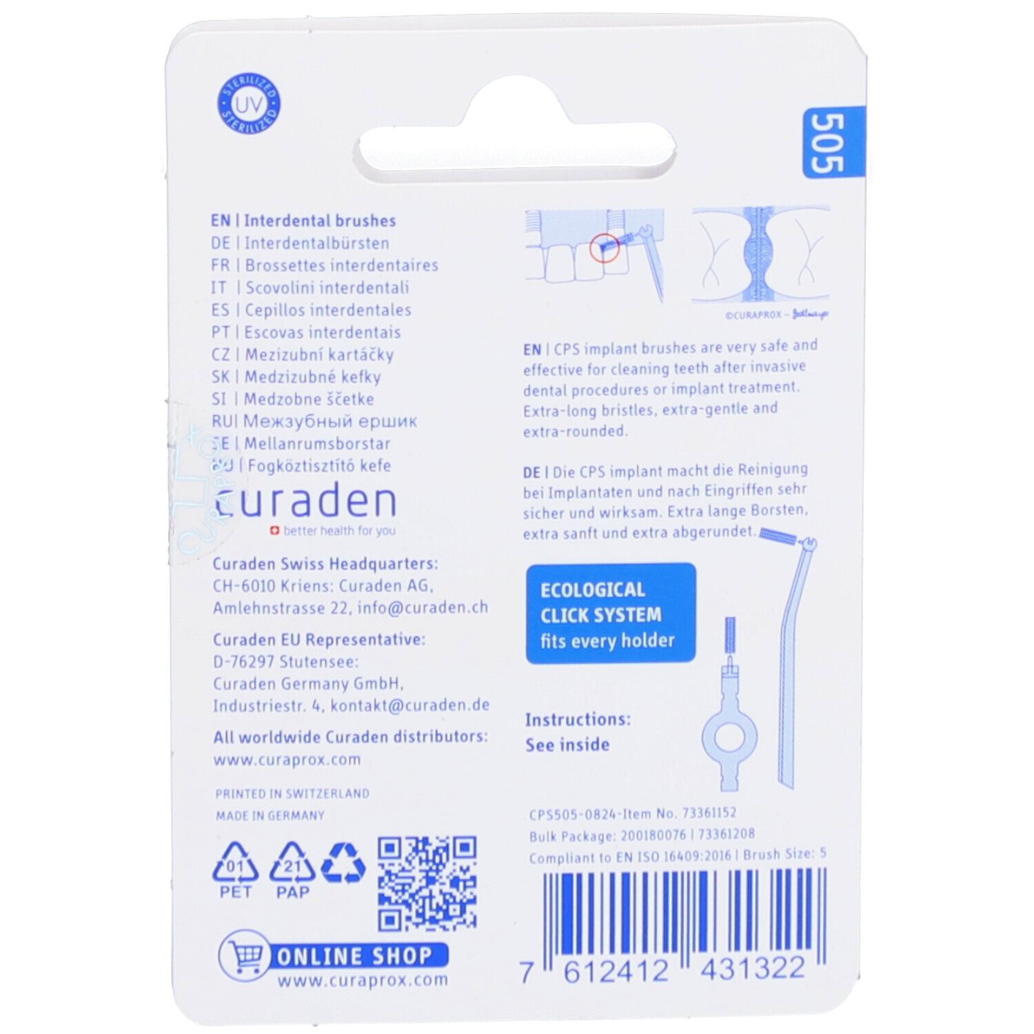Rückseite der Blisterpackung mit Informationen zu den Curaprox CPS 505 Implant Refill Interdentalbürsten. Text und Illustrationen.