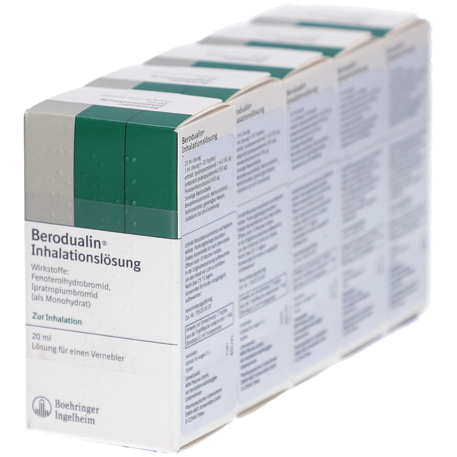 Mehrere Schachteln Berodual Inhalationslösung, weiß mit grünen Akzenten. Text: Berodual, Inhalationslösung, Wirkstoffe, 20 ml, Boehringer Ingelheim.