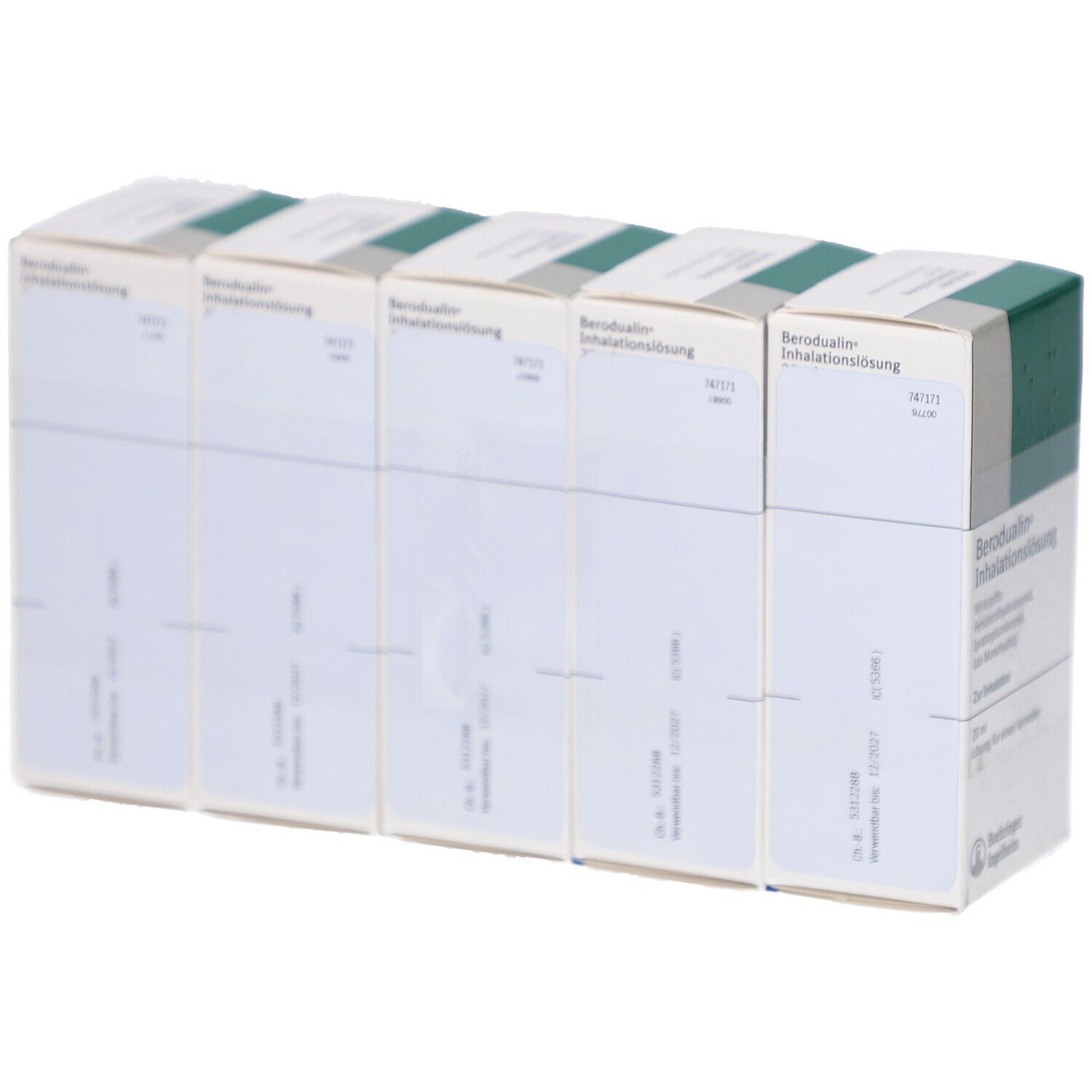 Mehrere Schachteln Berodual Inhalationslösung, weiß mit grünen Akzenten. Die Rückseite der Schachteln ist sichtbar.