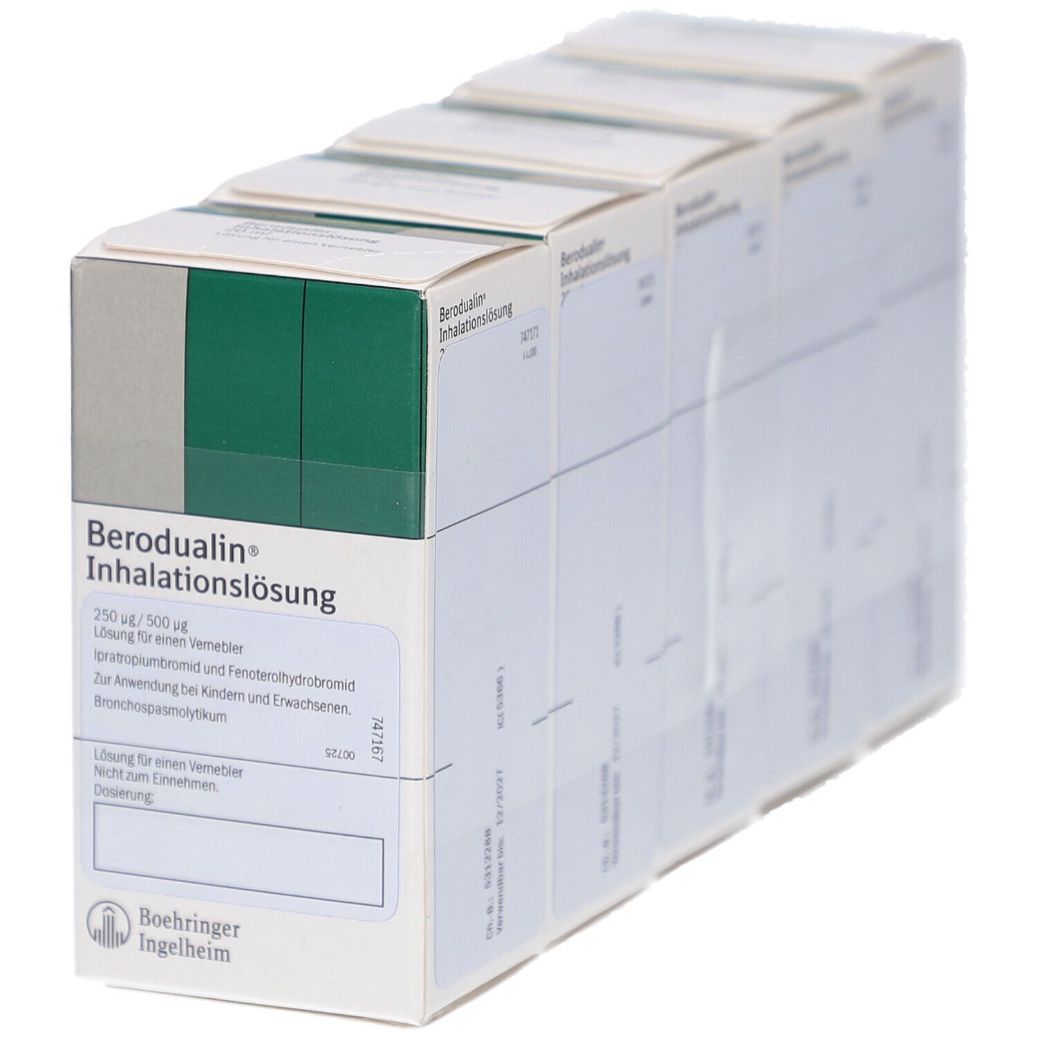Mehrere Schachteln Berodual Inhalationslösung, weiß mit grünen Akzenten. Text: Berodual, Inhalationslösung, 250 µg/500 µg, Boehringer Ingelheim.