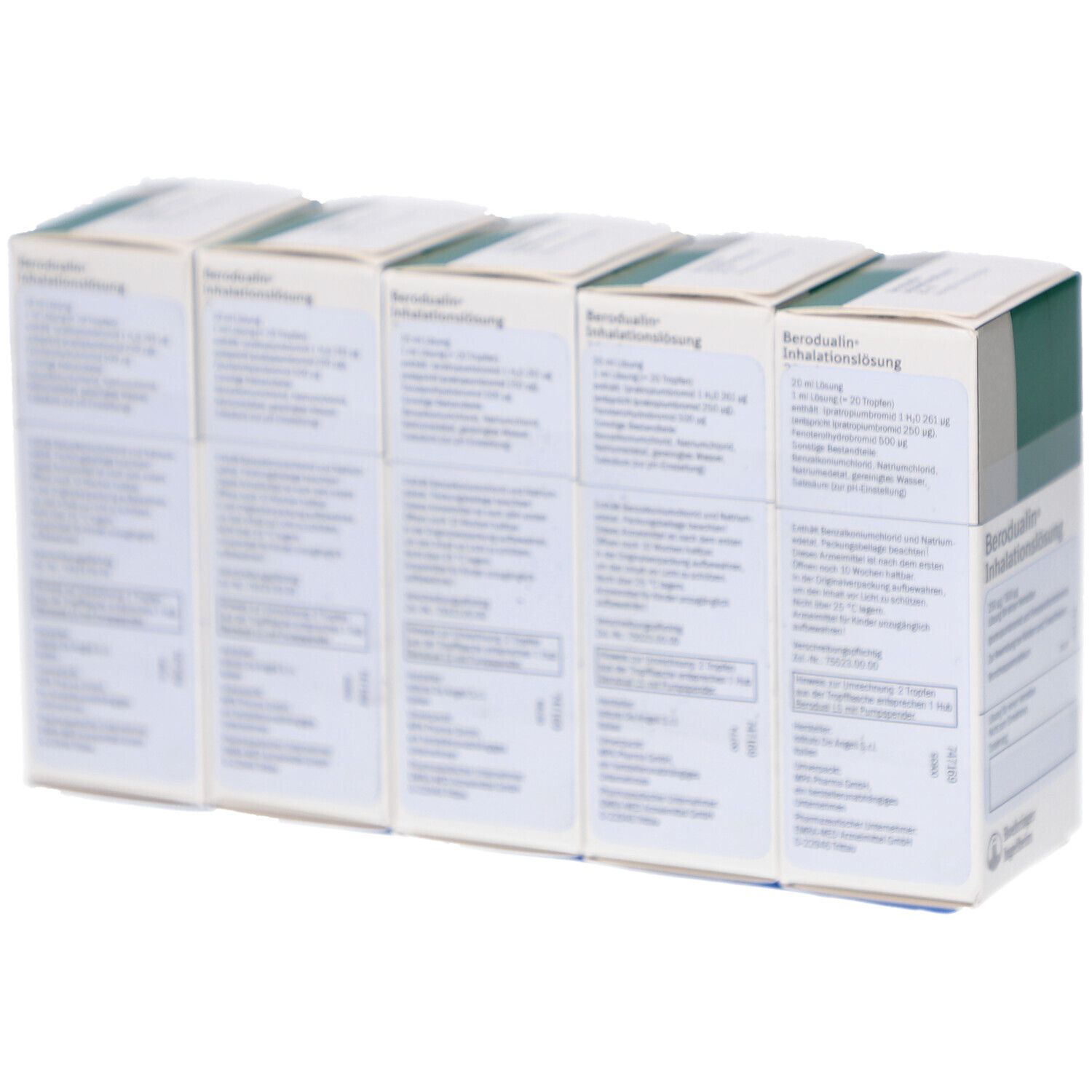 Mehrere Schachteln Berodual Inhalationslösung, weiß mit grünen Akzenten. Die Rückseite der Schachteln ist sichtbar.