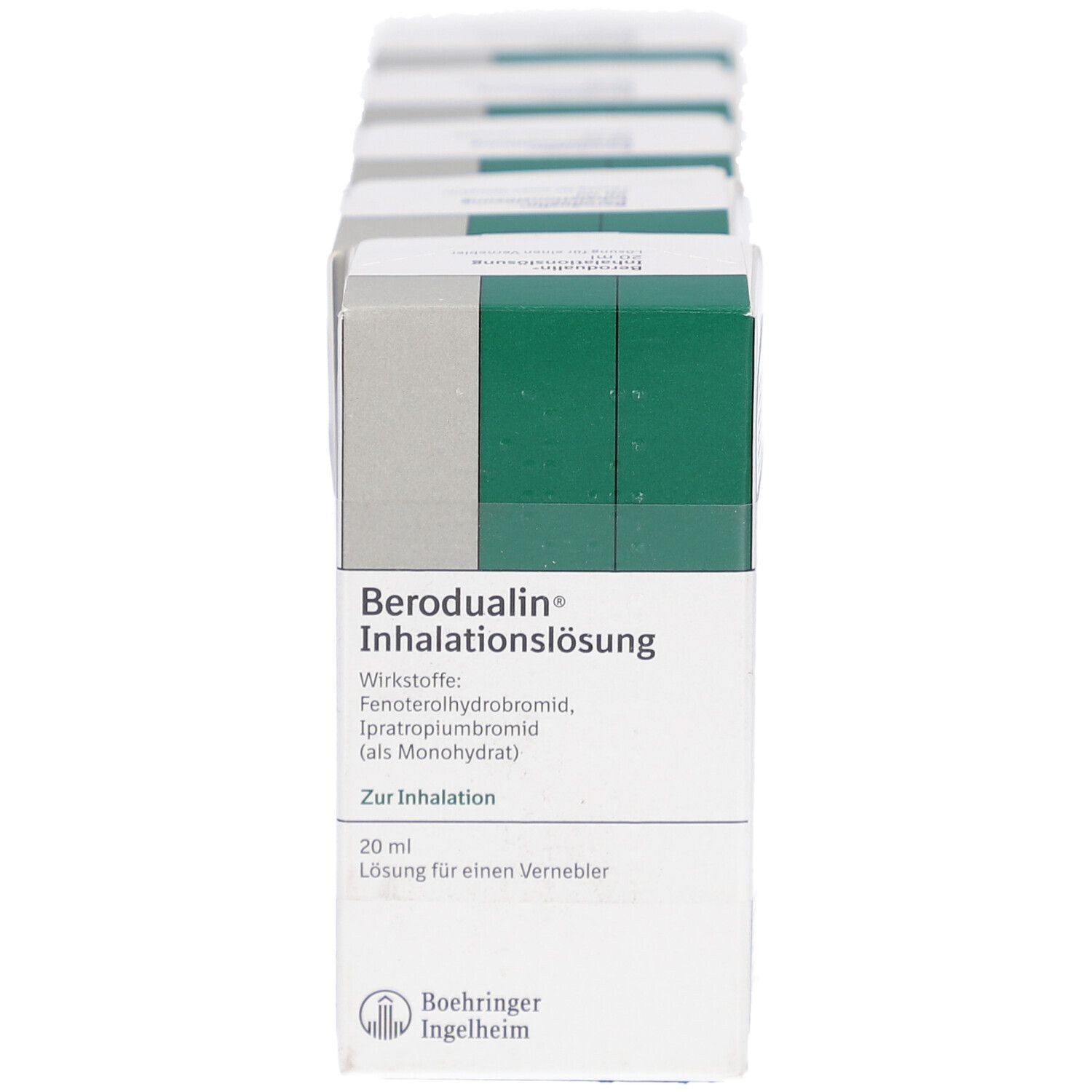 Eine Schachtel Berodual Inhalationslösung, weiß mit grünen Akzenten. Text: Berodual, Inhalationslösung, 20 ml, Boehringer Ingelheim.