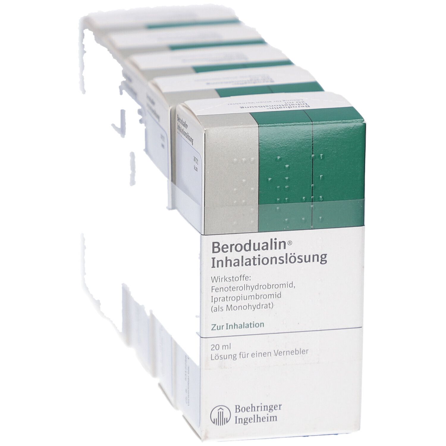 Mehrere Schachteln Berodual Inhalationslösung, weiß mit grünen Akzenten. Text: Berodual, Inhalationslösung, 20 ml, Boehringer Ingelheim.