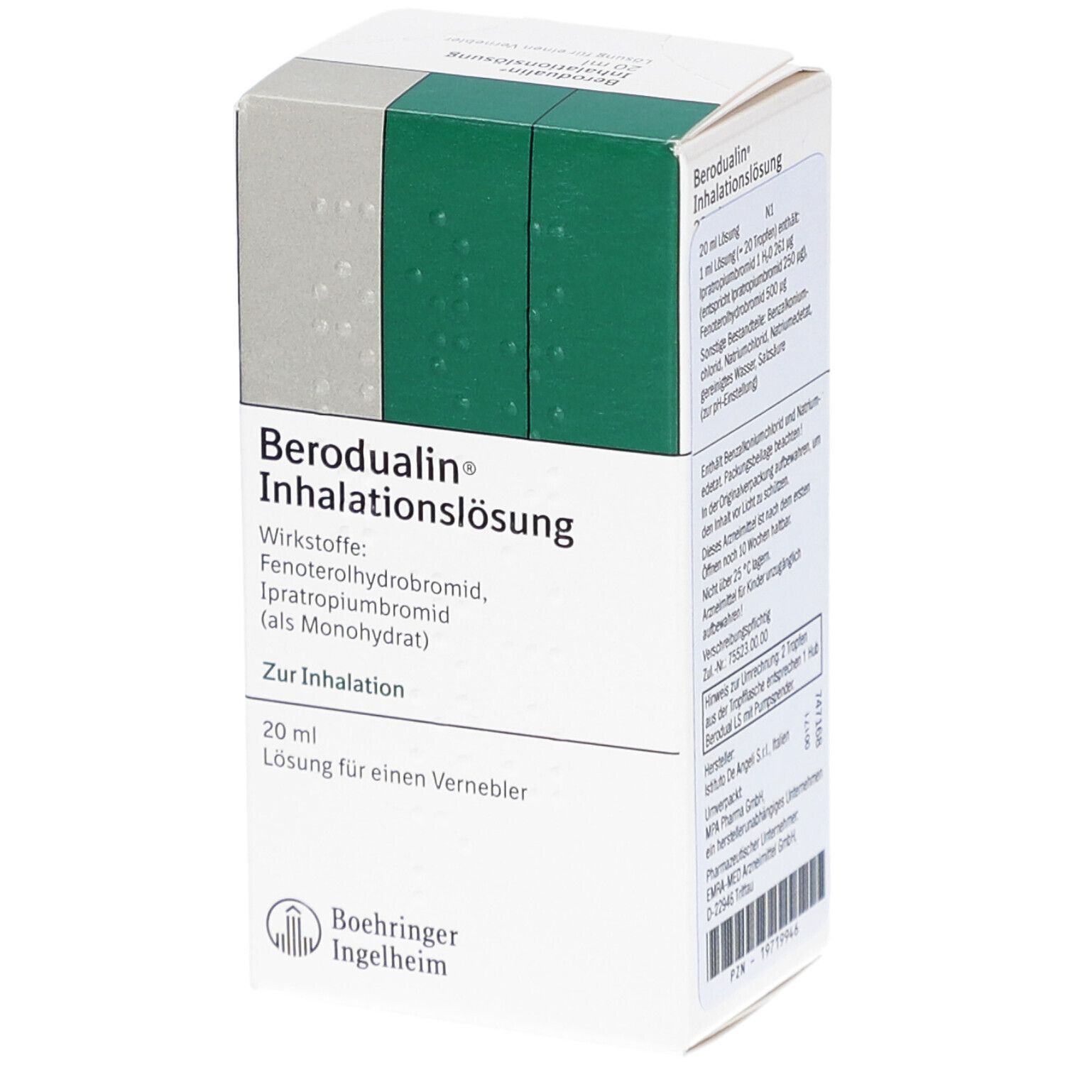 Karton von Berodual Inhalationslösung. Text: Wirkstoffe, 20 ml Lösung, Boehringer Ingelheim Logo.