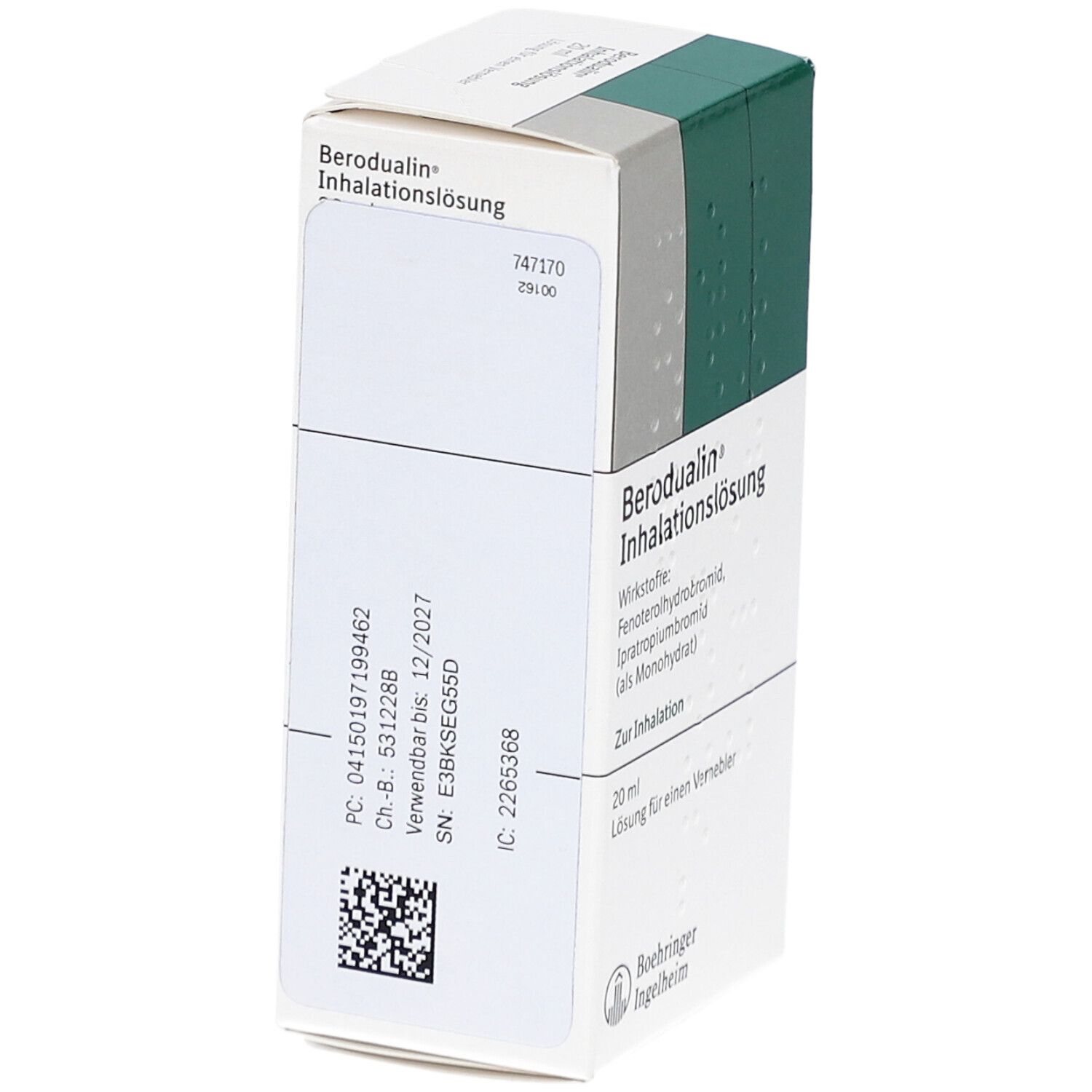 Schachtel Berodual Inhalationslösung. Seitenansicht mit Text und Barcode. Hersteller: Boehringer Ingelheim.