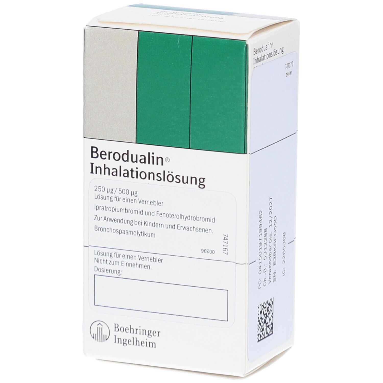 Karton Berodual Inhalationslösung. Text: 250 µg/500 µg, Lösung für einen Vernebler, Boehringer Ingelheim Logo.